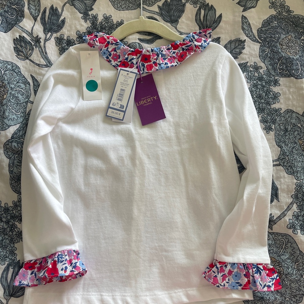 Jacadi White Long-Sleeve Top with Pink & Blue Floral Ruffle
